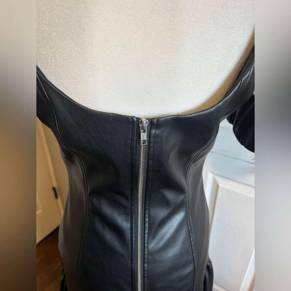Anthropologie Hutch Black faux vegan leather drop waist Puff Sleeve Midi Dress - Picture 8 of 9